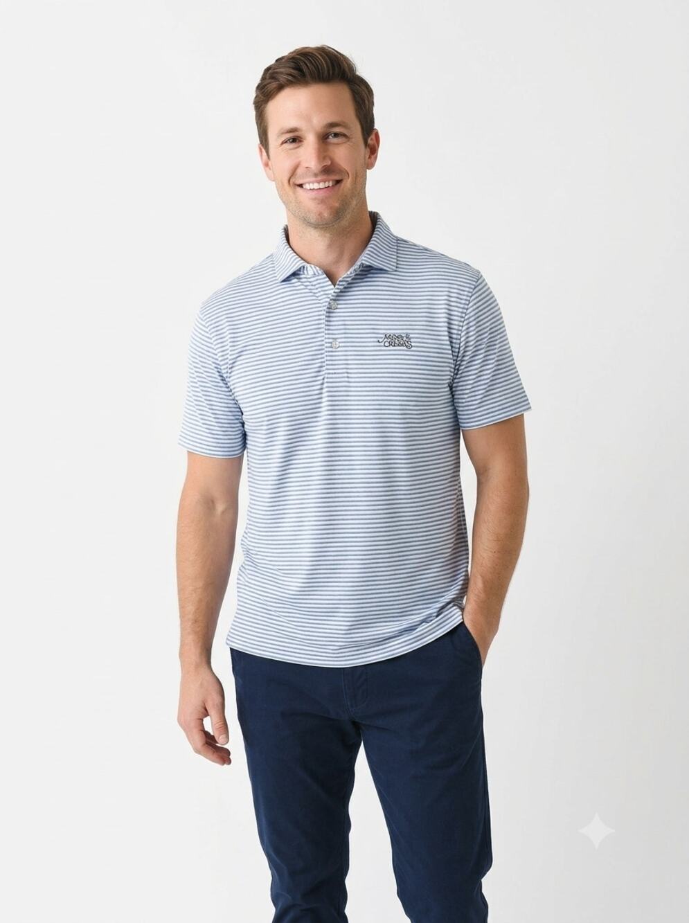 Johnnie-O Moss Creek Golf Polo Shirt Mens S Blue White Striped Featherweight